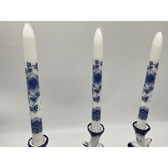 Blue and White Porcelain Double Candlestick, Set of 2, Made in Portugal w/Tapers - Picture 10 of 16